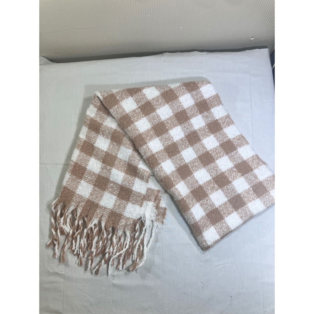 Aerie Tan White Gingham Checkered Oversized Blanket Scarf with Fringe One Size
